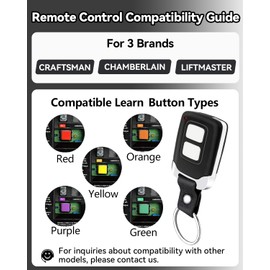 Lift Master Chamberlain Craftsman Garage Door Opener Remote 893LM 893Max 891LM 971LM 973LM 371LM 373LM with Red Orange Green Yellow or Purple Learn Button, Universal Garage Door Remote
