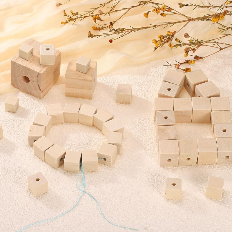 sourcing map 20Pcs Wooden Blocks with Holes, 1.6 Inch Unfinished