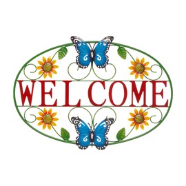 Glitzhome Metal Welcome Wall Decor - Outdoor/Indoor Vibrant Sunflower & Butterfly Garden Art for Porch Patio Yard