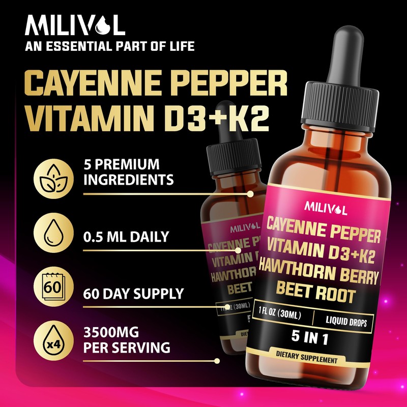 MILIVOL 5in1 Cayenne Pepper Liquid Drops with Hawthorn Berry and