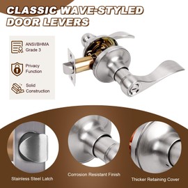 ANSIONLOK Privacy Door Lever Handle Lock, Wave Style Door Levers with Screwdriver, Interior Privacy Door Levers for Bed/Bath Room, Reversible Handle with Locks, Stain Nickel, 1 Pack