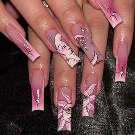 RikView Pink Press on Nails Long Fake Nails French Tips Nails Coffin Nails Glossy Full Cover Nails for Women 24 PCs/Set