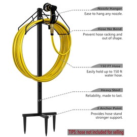 Artigarden Freestanding Garden Hose Holder Hanger, Heavy Duty Metal Water Hose Reel Storage Stand Rack for Yard Lawn, Bright Black (Hose not Included)