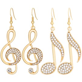 Kawailay 2 Pairs Music Note Earrings Rhinestone Music Note Dangle Earrings Treble Clef Drop Earrings for Women - Gold