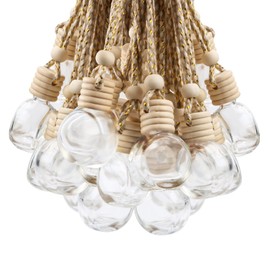 DMuuuDM 20 Pcs 10ml Oblate Hanging Car Air Freshener Diffuser,Empty Refillable Clear Glass Essential Diffuser Oil Aromatherapy Fragrance Perfume Pendant Vials with Wooden Caps & Hanging String
