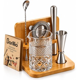 Barillio 24 Oz Crystal Cocktail Mixing Glass with Bamboo Stand & Bar Tools | Seamless Lead-Free Crystal, Weighted Base Stirring Pitcher | Including Muddler, Mixing Spoon, Jigger and Strainer