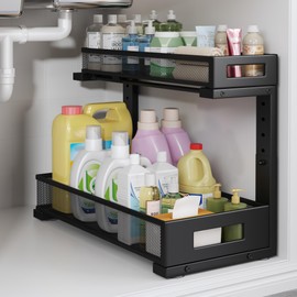 Biboraya 1 Pack 17IN Depth Under Sink Storage Organizer, Large 2-Tier Elegant Mesh Pull Out Shelf for Kitchen and Bathroom Cabinet Organization, L-Shaped and Adjustable Height Design-Black