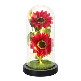 Christmas Flower Gifts for Women Red Eternal Sunflower in Glass Dome, Forever Sun Flower Birthday Gift for Women Flower Lights Gifts for Mothers Day Valentines Anniversary Friendship Thank You Gift