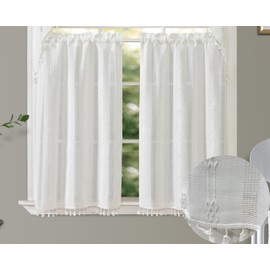 GOHD Country Road Tiers Kitchen Curtains Boho Jacquard Stripe Tassel Bathroom Window Curtain 3 Size, 100% Polyester(36in,Ivory)