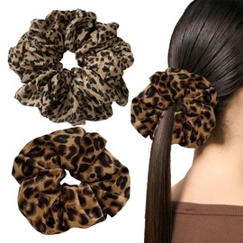 2 Stück Scrunchies Haargummi Damen,Hair Mit Leo Scrunchie Haargummis Haar Leopardenmuster Invisibobble Haarband Groß Dickes Gold Vintage Braun Leoparden Elastische Haarbänder für Afro Pferdeschwanz