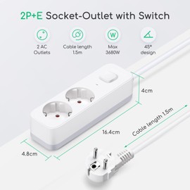 Aigostar Steckdosenleiste 2 fach mit Schalter, Mehrfachsteckdose mit Kindersicherung, Verteilersteckdose mit 1.5 m Kabel
