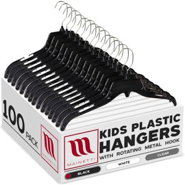 Mainetti 485 Black, Kids Plastic Hangers - 100 Pack with Rotating Metal Hook and Notches for Straps, Great for Shirts/Tops/Dresses, 15-Inch