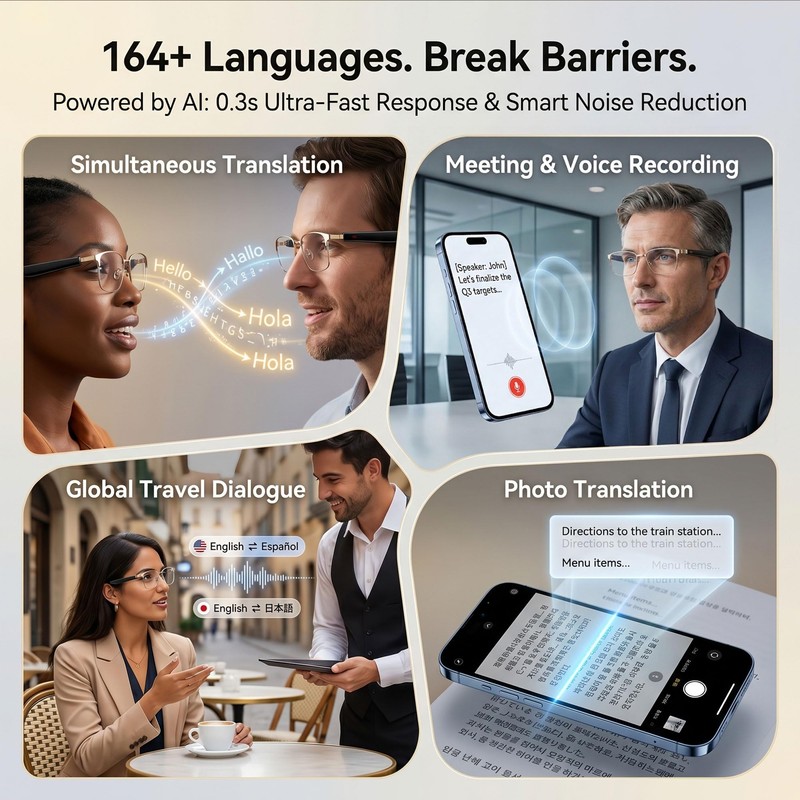 Fecoul Smart AI Glasses with 164 Languages Translator, Photochromic, Gold
