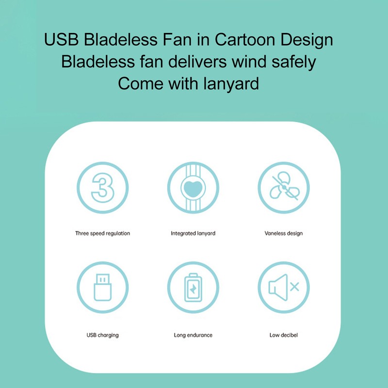 Necklace Fan Cartoon Silicone 3 Speed Mode USB Charge 800mAh