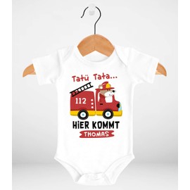 SpecialMe® Baby Bodysuit with Name Print Let's Fire Brigade Car Tatütata Hier kommt [Desired Name] Short Sleeve Organic Cotton, White