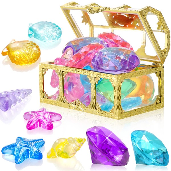 Skylety 12 Pcs Diving Gems Swimming Pool Toys and 1 Treasure Chest Box, Colorful Acrylic Plastic Gems Gold Treasure Storage Box Underwater Gemstones Toy Set for Parties Birthday Decoration