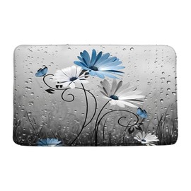 Rustic Farmhouse Blue Floral Bath Mat Farm Daisy Flower and Butterfly Country Gray Rain Drop Boho Bathroom Decor Rug Floor Carpet