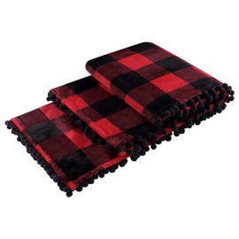 PiccoCasa Buffalo Plaid Flannel Throw Blanket with Pom Poms | Tartan Checkered Fleece Blanket Throw Size | Soft Plush Microfiber Blankets for Couch Sofa Travel | 50"x60", Fiery Red and Black