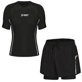Men's Short Sleeve Rash Guard Two-Piece Set with Built-in Inner Shorts for Summer Water Sports Rash Guard Black / Size 1 2ea