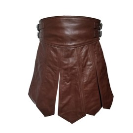 Men's Real Brown Leather Gladiator Kilt – Roman Style, Fully Lined, Adjustable, LARP, Utility Kilt (K1) (Brown, Waist 36" X Length 20")