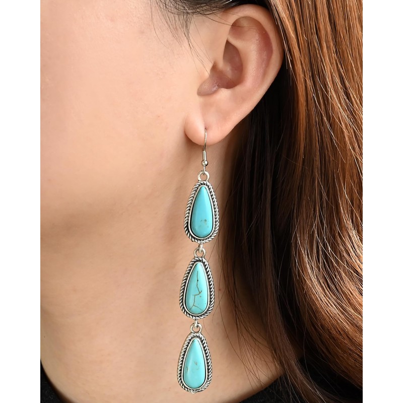 Watforsh Large Long Boho Silver Turquoise Teardrop Western Country Earrings