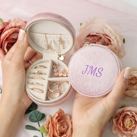 Customizable Mini Round Jewelry Box, Travel Jewelry Case, Travel Jewelry Organizer, Jewelry Box for Women and Girls, Small Jewelry Organizer (Center Text, Powder Pink)