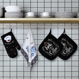 Bencailor 6 Pcs Kitchen Towels Oven mitt and Pot Holder Set Soft Microfiber Tea Towel Cotton and Linen Waterproof Pads Set for Coffee Tea Pot Christmas Party Housewarming Gift(Coffee Style)