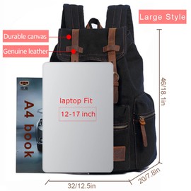 AUGUR High Capacity Canvas Vintage Backpack - for School Travel 12-15.6" Laptop Backapcks for Men Casual Daypacks Rucksack (L-Black)