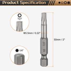 HARFINGTON T27 Torx Head Screwdriver Bit 1/4" Hex Shank 2" (50mm) Long Magnetic No Hole Tip Tamper Proof 6 Point Star Screw Driver Drill Bits S2 Steel Industrial Power Screwdrivers