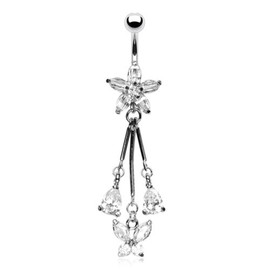 14g Marquise Cut CZ Petal Flower Belly Ring with CZ Butterfly and Pear CZ Dangle