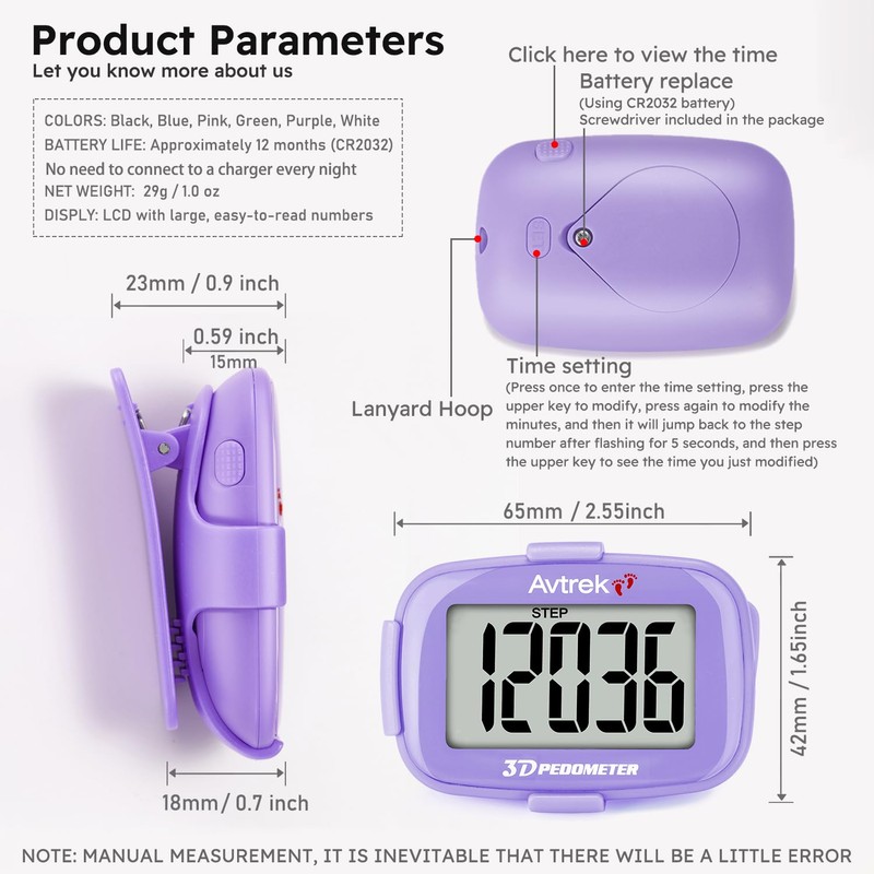 AVTREK Step Counter with Clip and Lanyard, 3D Pedometer Step
