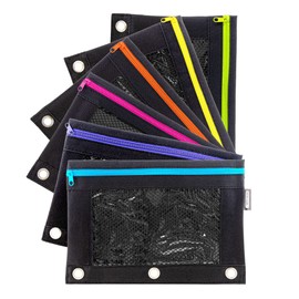 BAZIC Pencil Pouch 3 Ring Binder Pouch w/Rivet Enforced Rings Holes, Neon Black Color Mesh Window Zipper Pouches, 6-Pack