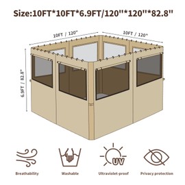homegroove Gazebo Curtains Outdoor Waterproof 10 * 10ft, Privacy Curtains 4-Panels with Window, Blackout Curtains Set Full Zipper Side Wall Replacement for Garden, Patio, Yard (Only Curtains) Khaki