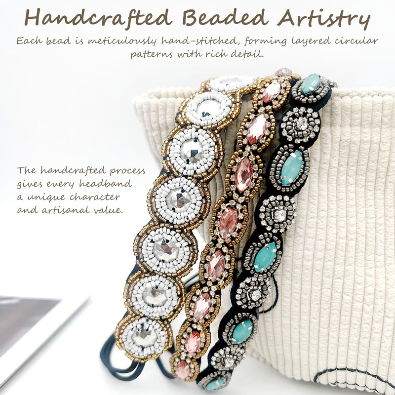 Gmlawsc Fashion Rhinestone Beaded Hairbands for Women – 3-Piece Handmade