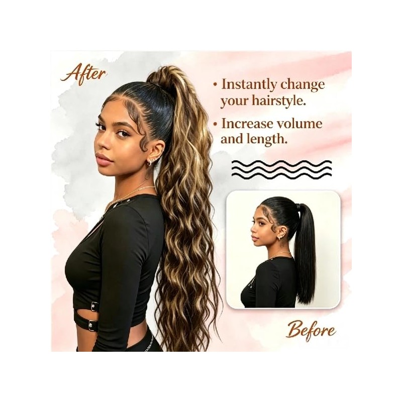 Ponytail Extension Magic Paste, 22Inch Ash Brown Highlighted Honey Blonde