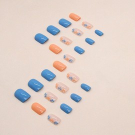 Short Press on Nails Square Summer Fake Nails Flower False Nails with Small Floral Designs Blue Orange Glossy Glue on Nails Acrylic Full Cover Artificial Nails for Women and Girls 24PCS