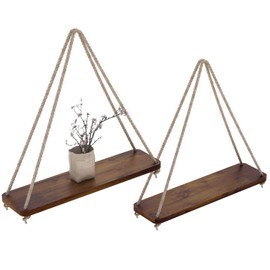 Rustic Set of 2 Wooden Floating Shelves with String – Farmhouse Hanging Shelves for Living Room Wall – Small Kitchen Shelves with Rope – 17”x5.2” – Distressed, Torched Brown Color