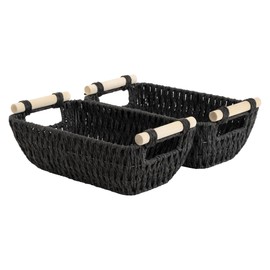 StorageWorks Black Wicker Storage Basket for Organizing with Wooden Handles, Small Woven Basket for Bathroom, Toilet Paper, 2-Pack
