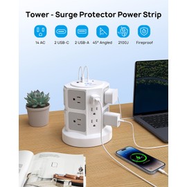 TROND Tower Surge Protector Power Strip with 14 Widely Spaced Outlets, 4 USB Ports(2 USB C), 2100J Surge Protection, 6 Feet Extension Cord with Multiple Outlets, Office Desk Supplies, Dorm Essentials
