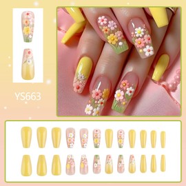 French Tip Press On Nails Fake Nails Medium Coffin with Yellow Nude Colored Flowers Designs Glossy Acrylic False Nails Glue on Nails Full Cover Thick Stick on Nails for Women Girls 24Pcs YS663