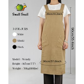 Small snail Japanese Style Apron Cotton Linen Aprons No-Ties Cross Back Apron with 2 Pocktes Solid Color Pinafore for Florist, Coffee House and Kitchen