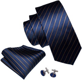 Barry.Wang Navy Blue Ties Silk Handkerchief Cufflink Formal Business Stripe