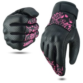 JAUNTY Motorcycle Gloves for Women Leather Riding Touchscreen Gloves for Ladies with Hard Knuckle Perforated Breathable Biker, ATV BMX, Combat Motocross, Riding Racing (Pink, Large)