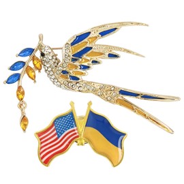 American and Ukraine Flag Brooch Pins with Enameled Doves of Peace, Ukrainian Rhinestone Wheatie Lapel Pins Gift, Set of 2