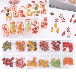 Fall Nail Art Glitters Sequins Maple Leaf Nail Glitter Autumn Dried Flower Nail Stickers Flakes Nail Stickers Nail Art Sticker Decals 5D Exquisite Leaves Pattern Nail Decoration Accessories 12 Grids