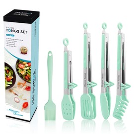5-Pack Silicone Tongs for Cooking,Maywe Tanso 4PCS 13-Inch Kitchen Tongs with Silicone Tips,Nonstick Stainless Steel Tong for Steak Pie Pizza Pasta Spaghetti Salad BBQ Buffet,Plus Brush