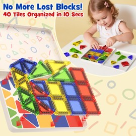 Portable Magnetic Tiles for Kids Travel - 40pcs STEM Building Blocks with Visual Storage Guide & Metal Box Play Base, Toddler Airplane Activities Toys for Ages 3-5,4-8, Compact Travel Toys