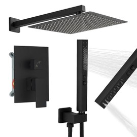 RUMOSE Matte Black Rainfall Shower System Fixture 12 Inch High Pressure Square Shower Head with 2 in 1 Handheld Spray Wall Mount Brass Bathroom Shower Faucet Set with cUPC Certified Rough-in Valve