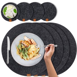 Miqio® Felt and Leather Design Place Mats (Round) – Set with 4 Washable Premium Placemats 37 cm and 4 Drinks Coasters