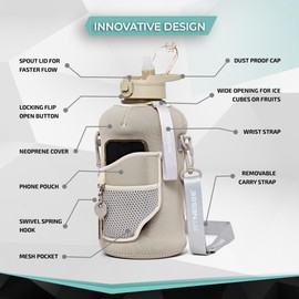 Fitnesse 2.2L Water Bottle with Straw and Covered Lid – Phone & Key Storage - Drop proof - Leak Proof - Shoulder Strap and Handle – Large Gym Water Bottle – BPA Free – Stone